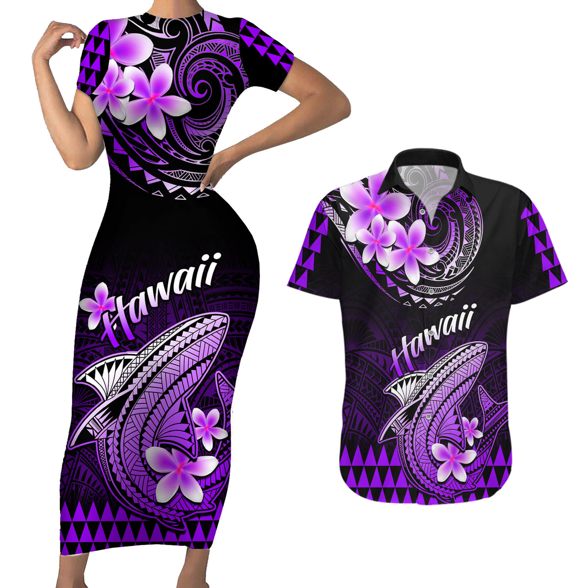 Hawaii Couples Matching Short Sleeve Bodycon Dress and Hawaiian Shirt Polynesian Shark with Kakau Purple Version LT01 Purple - Polynesian Pride