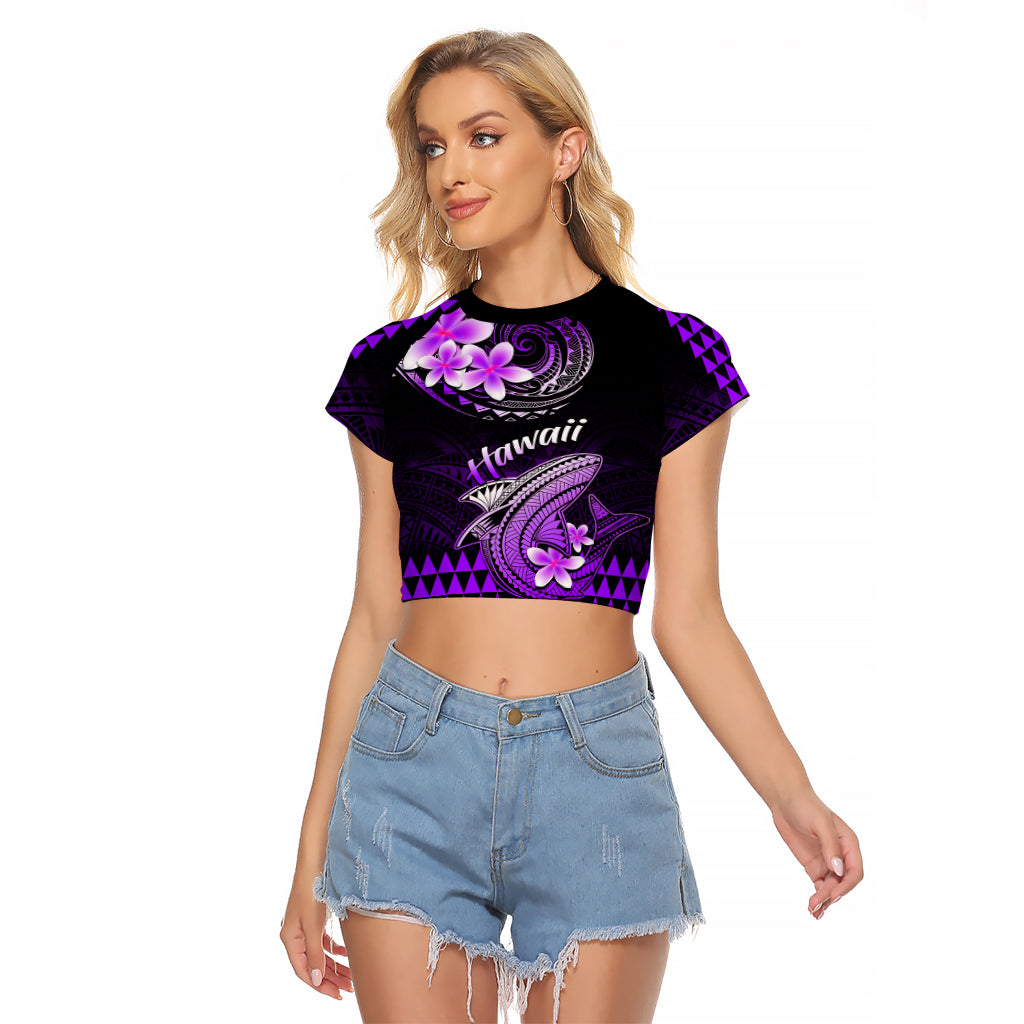 Hawaii Raglan Cropped T Shirt Polynesian Shark with Kakau Purple Version LT01 Female Purple - Polynesian Pride