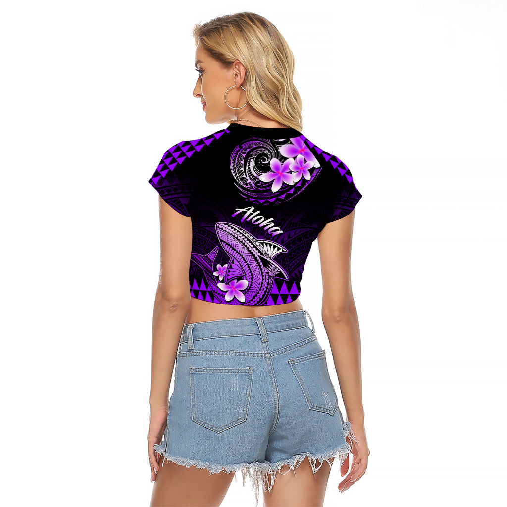 Hawaii Raglan Cropped T Shirt Polynesian Shark with Kakau Purple Version LT01 - Polynesian Pride