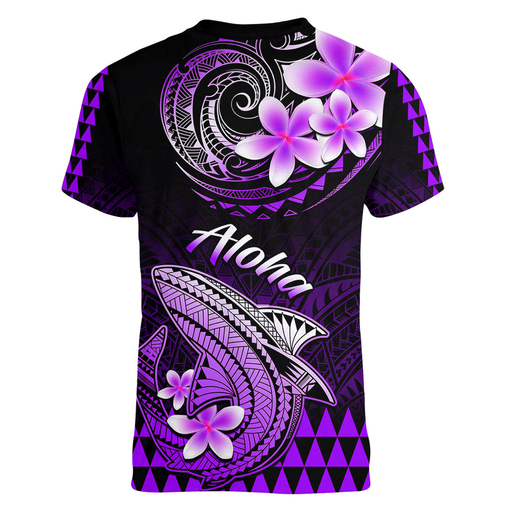 Hawaii Women V Neck T Shirt Polynesian Shark with Kakau Purple Version LT01 - Polynesian Pride