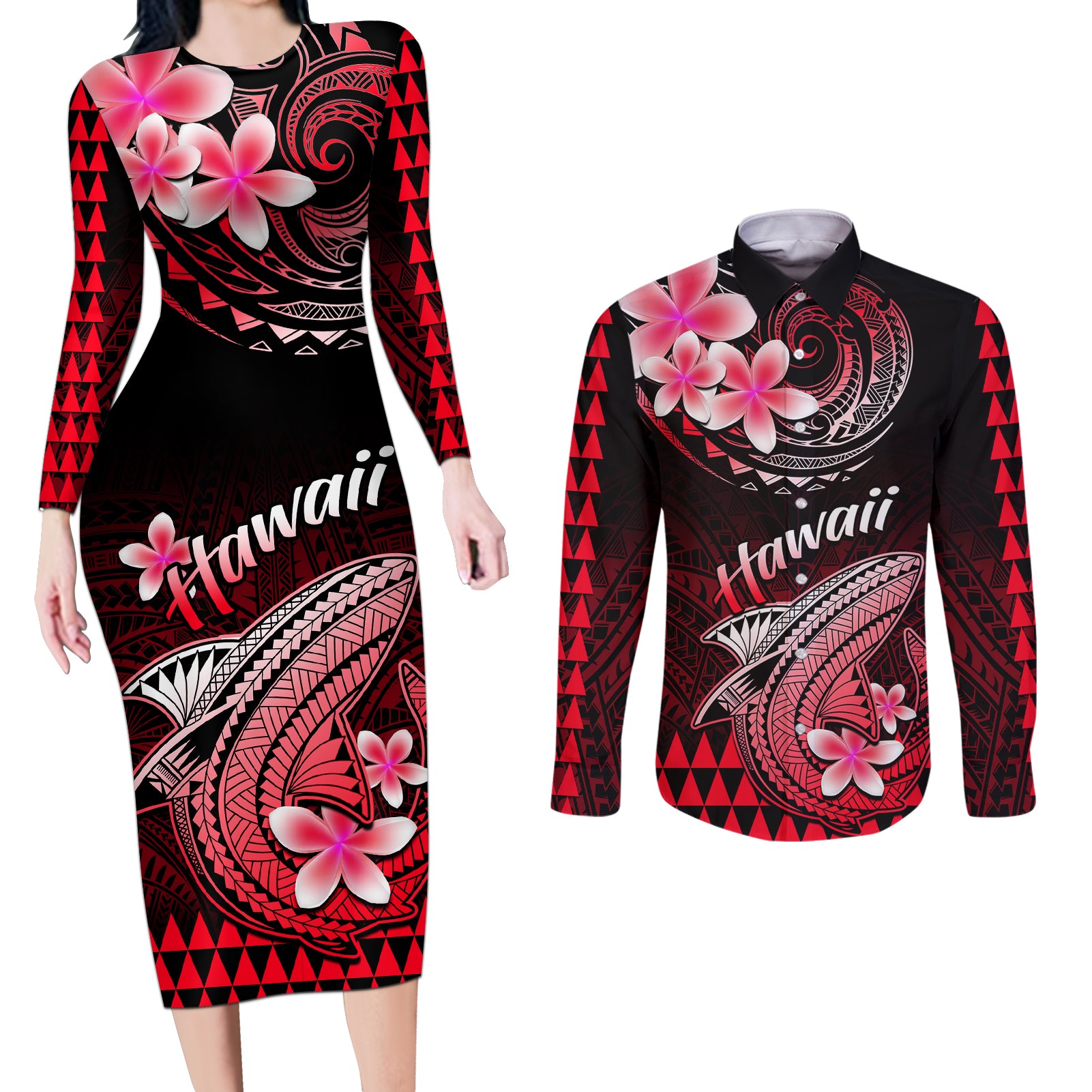 Hawaii Couples Matching Long Sleeve Bodycon Dress and Long Sleeve Button Shirts Polynesian Shark with Kakau Red Version LT01 Red - Polynesian Pride