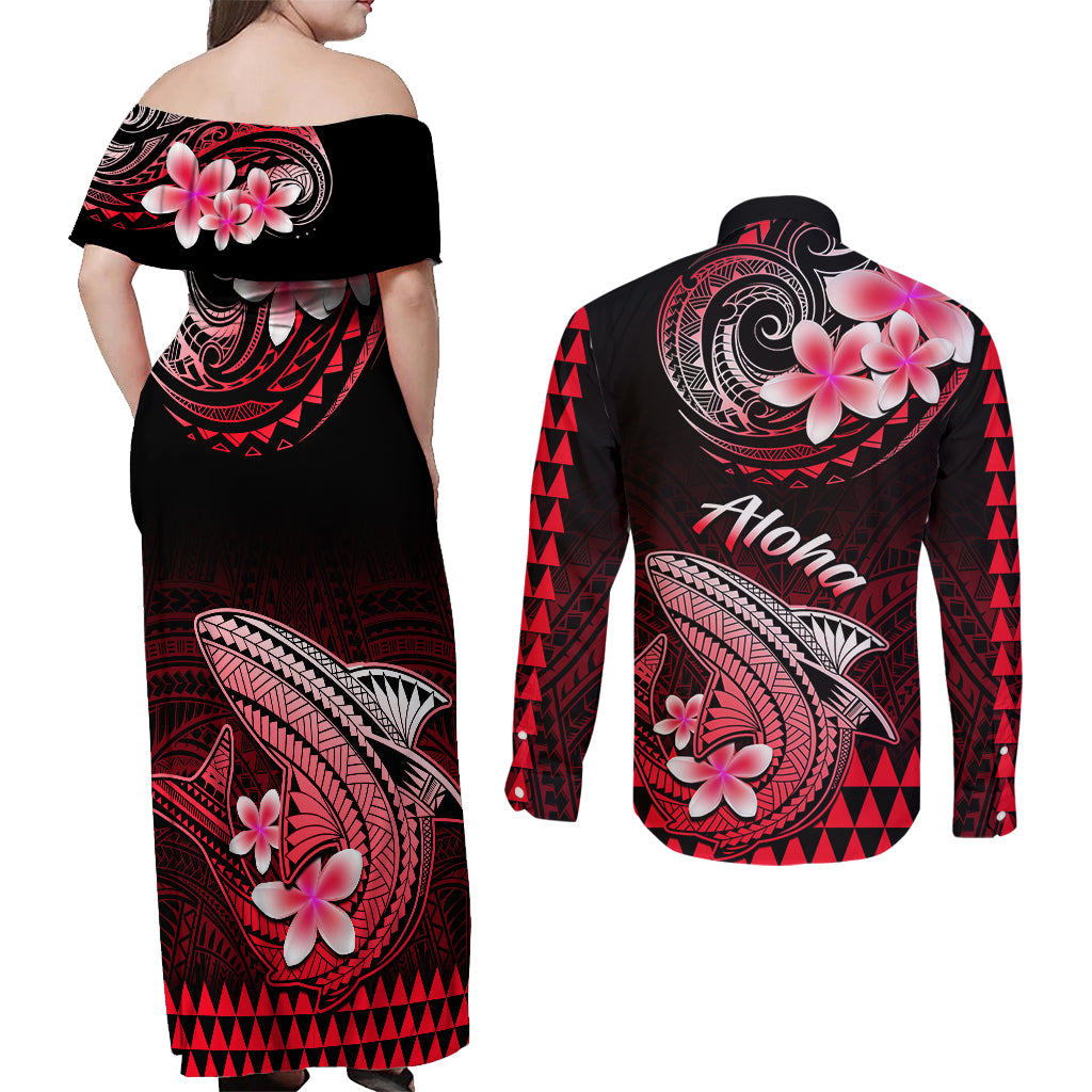 Hawaii Couples Matching Off Shoulder Maxi Dress and Long Sleeve Button Shirts Polynesian Shark with Kakau Red Version LT01 - Polynesian Pride