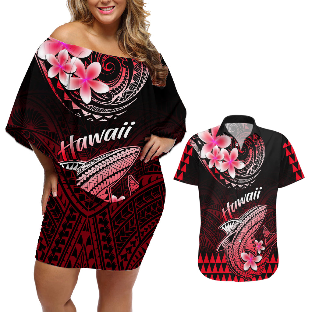 Hawaii Couples Matching Off Shoulder Short Dress and Hawaiian Shirt Polynesian Shark with Kakau Red Version LT01 Red - Polynesian Pride