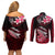 Hawaii Couples Matching Off Shoulder Short Dress and Long Sleeve Button Shirts Polynesian Shark with Kakau Red Version LT01 - Polynesian Pride