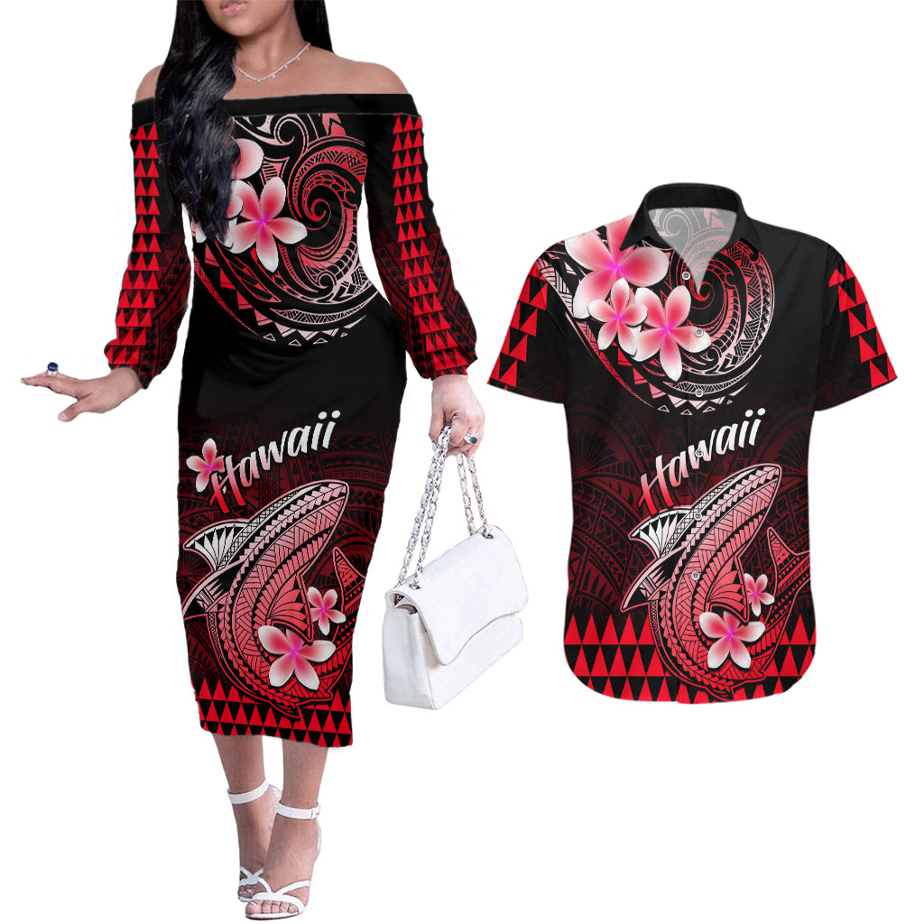 Hawaii Couples Matching Off The Shoulder Long Sleeve Dress and Hawaiian Shirt Polynesian Shark with Kakau Red Version LT01 Red - Polynesian Pride