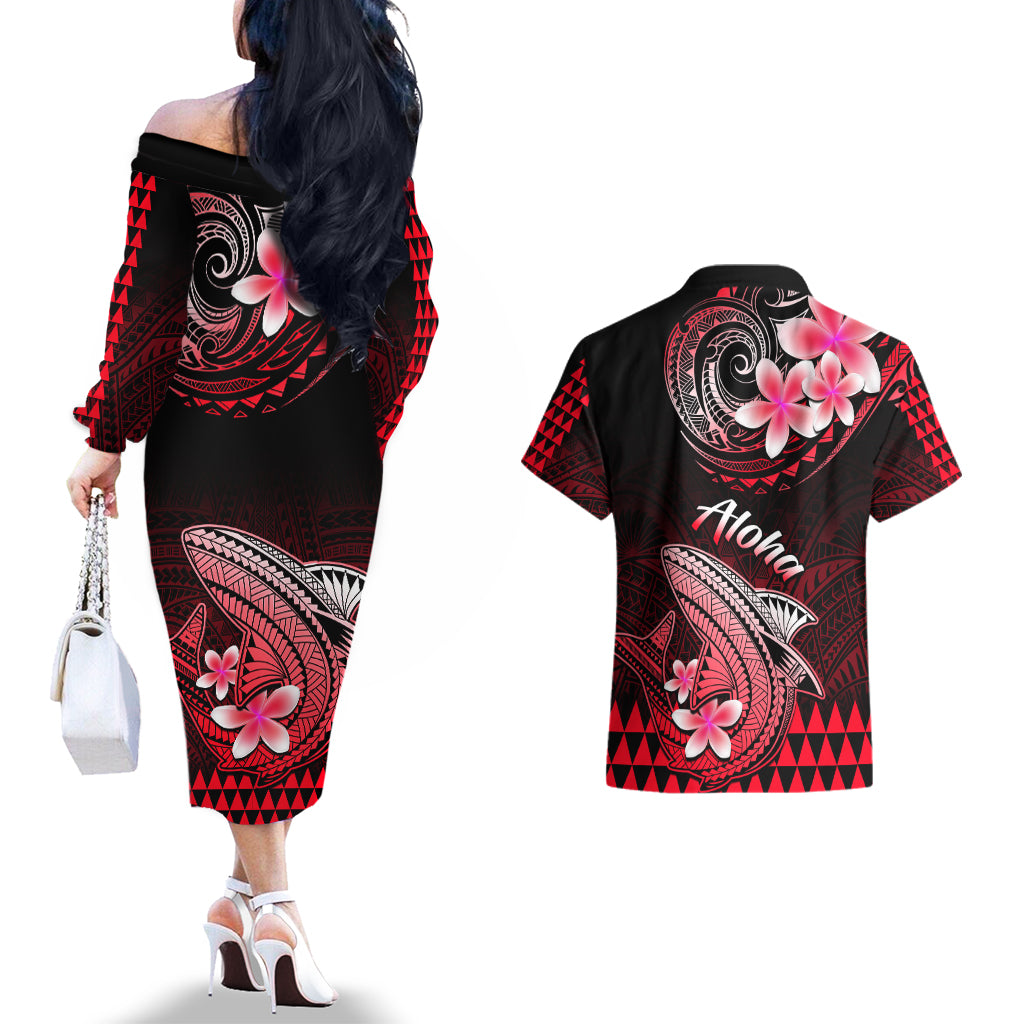 Hawaii Couples Matching Off The Shoulder Long Sleeve Dress and Hawaiian Shirt Polynesian Shark with Kakau Red Version LT01 - Polynesian Pride