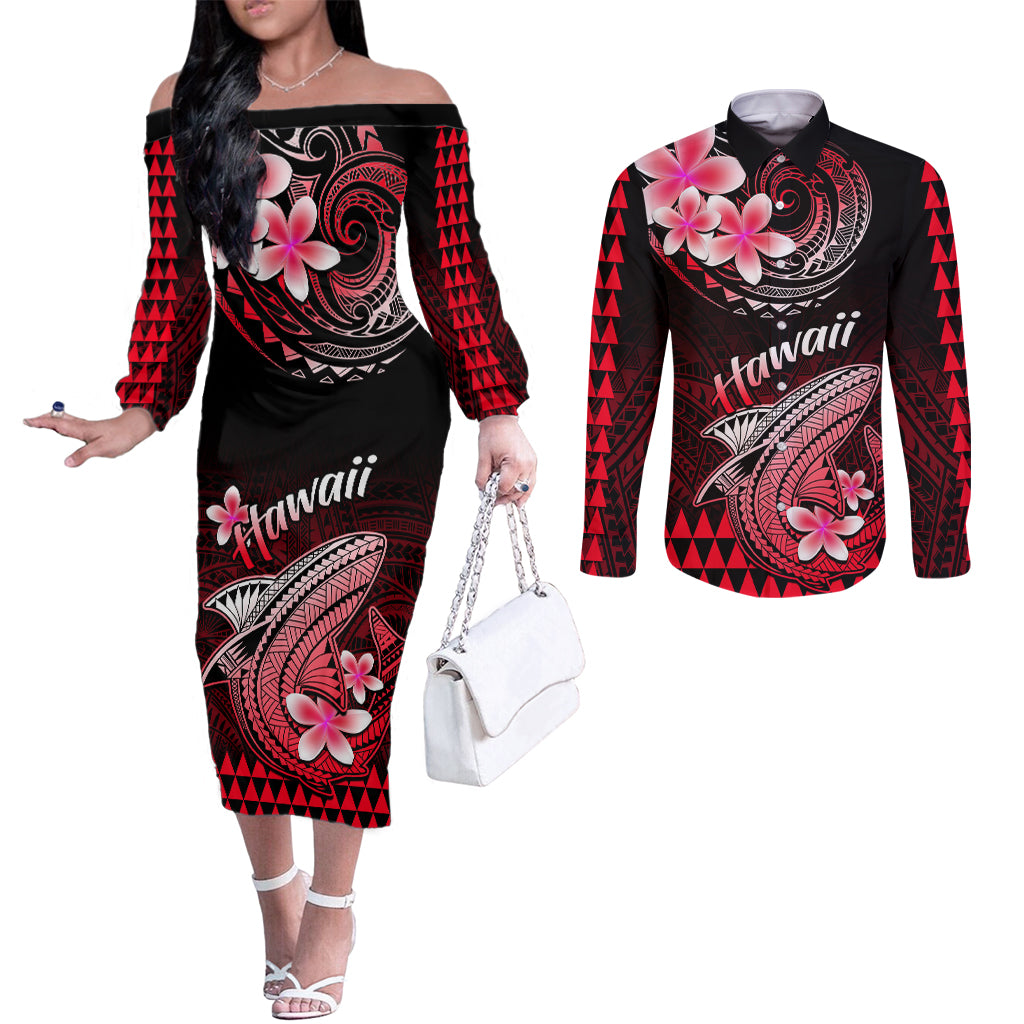 Hawaii Couples Matching Off The Shoulder Long Sleeve Dress and Long Sleeve Button Shirts Polynesian Shark with Kakau Red Version LT01 Red - Polynesian Pride