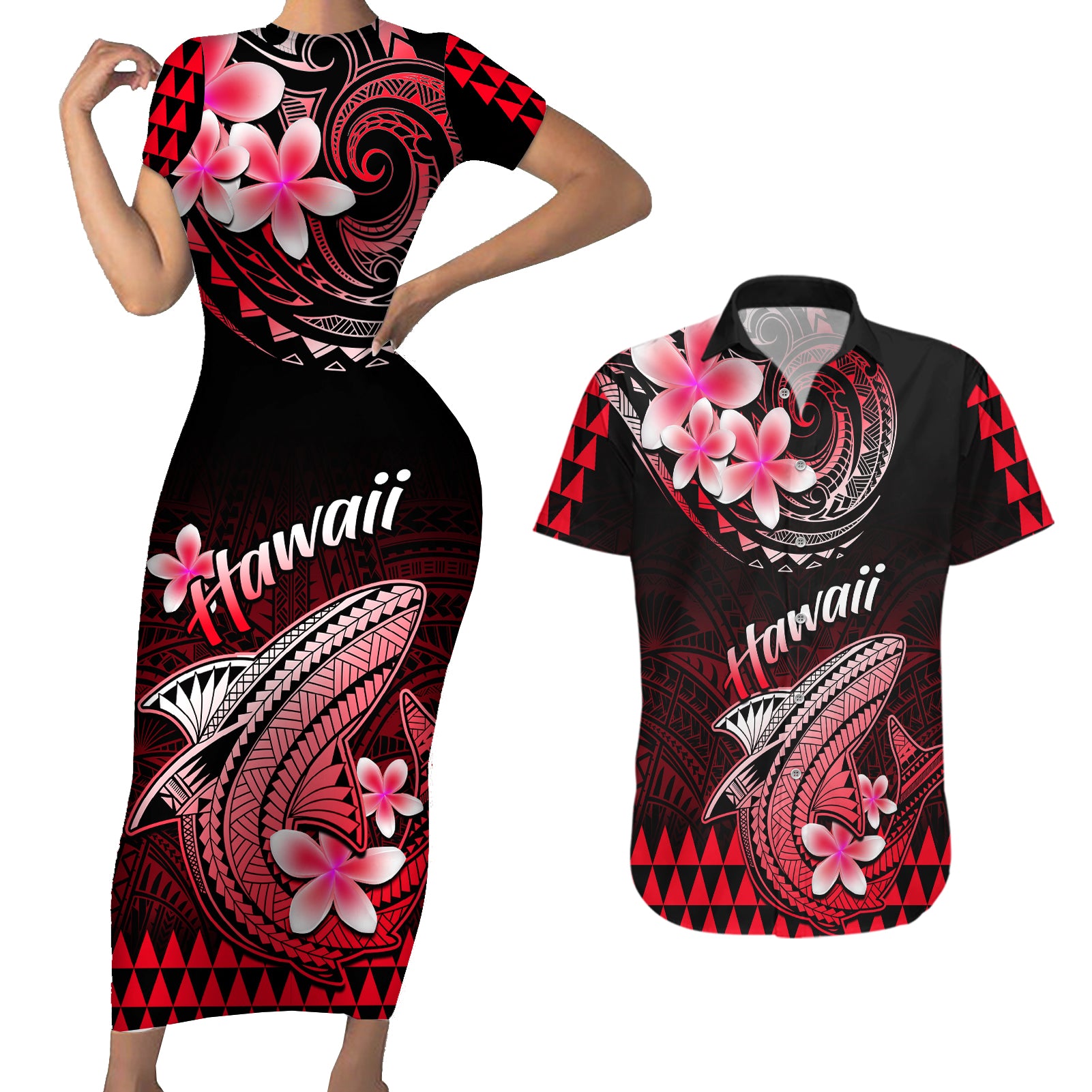 Hawaii Couples Matching Short Sleeve Bodycon Dress and Hawaiian Shirt Polynesian Shark with Kakau Red Version LT01 Red - Polynesian Pride