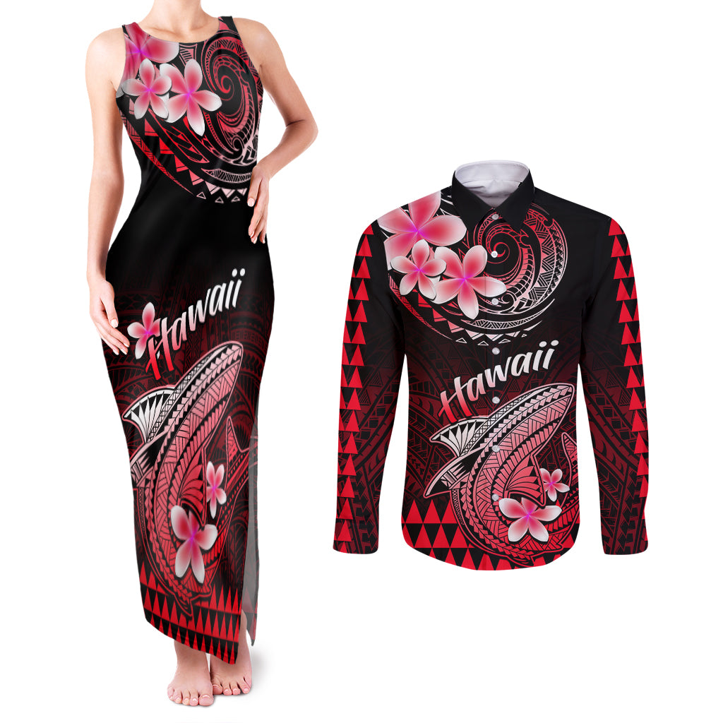 Hawaii Couples Matching Tank Maxi Dress and Long Sleeve Button Shirts Polynesian Shark with Kakau Red Version LT01 Red - Polynesian Pride