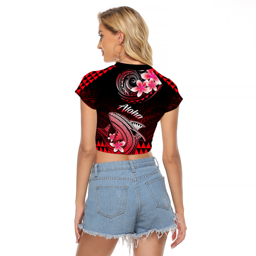 Hawaii Raglan Cropped T Shirt Polynesian Shark with Kakau Red Version LT01 - Polynesian Pride