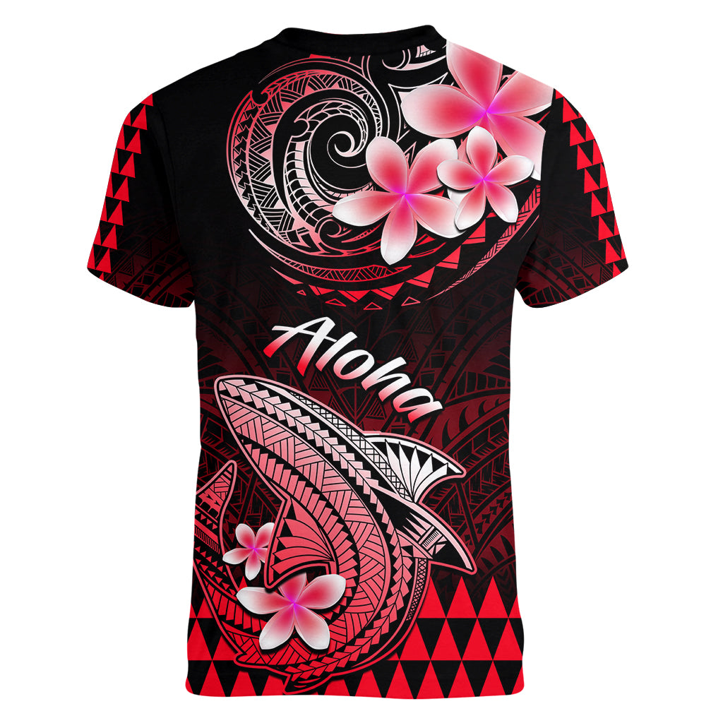 Hawaii Women V Neck T Shirt Polynesian Shark with Kakau Red Version LT01 - Polynesian Pride