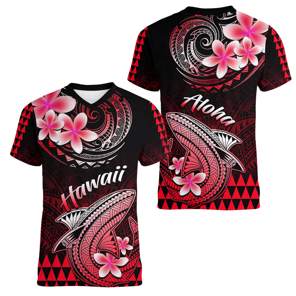 Hawaii Women V Neck T Shirt Polynesian Shark with Kakau Red Version LT01 - Polynesian Pride