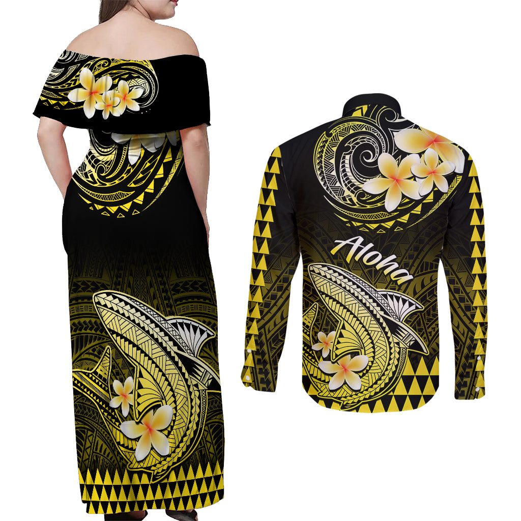 Hawaii Couples Matching Off Shoulder Maxi Dress and Long Sleeve Button Shirts Polynesian Shark with Kakau Yellow Version LT01 - Polynesian Pride