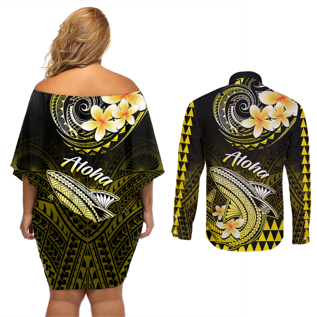 Hawaii Couples Matching Off Shoulder Short Dress and Long Sleeve Button Shirts Polynesian Shark with Kakau Yellow Version LT01 - Polynesian Pride