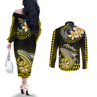 Hawaii Couples Matching Off The Shoulder Long Sleeve Dress and Long Sleeve Button Shirts Polynesian Shark with Kakau Yellow Version LT01 - Polynesian Pride