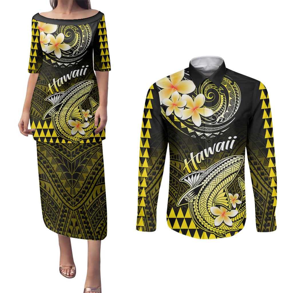 Hawaii Couples Matching Puletasi Dress and Long Sleeve Button Shirts Polynesian Shark with Kakau Yellow Version LT01 Yellow - Polynesian Pride