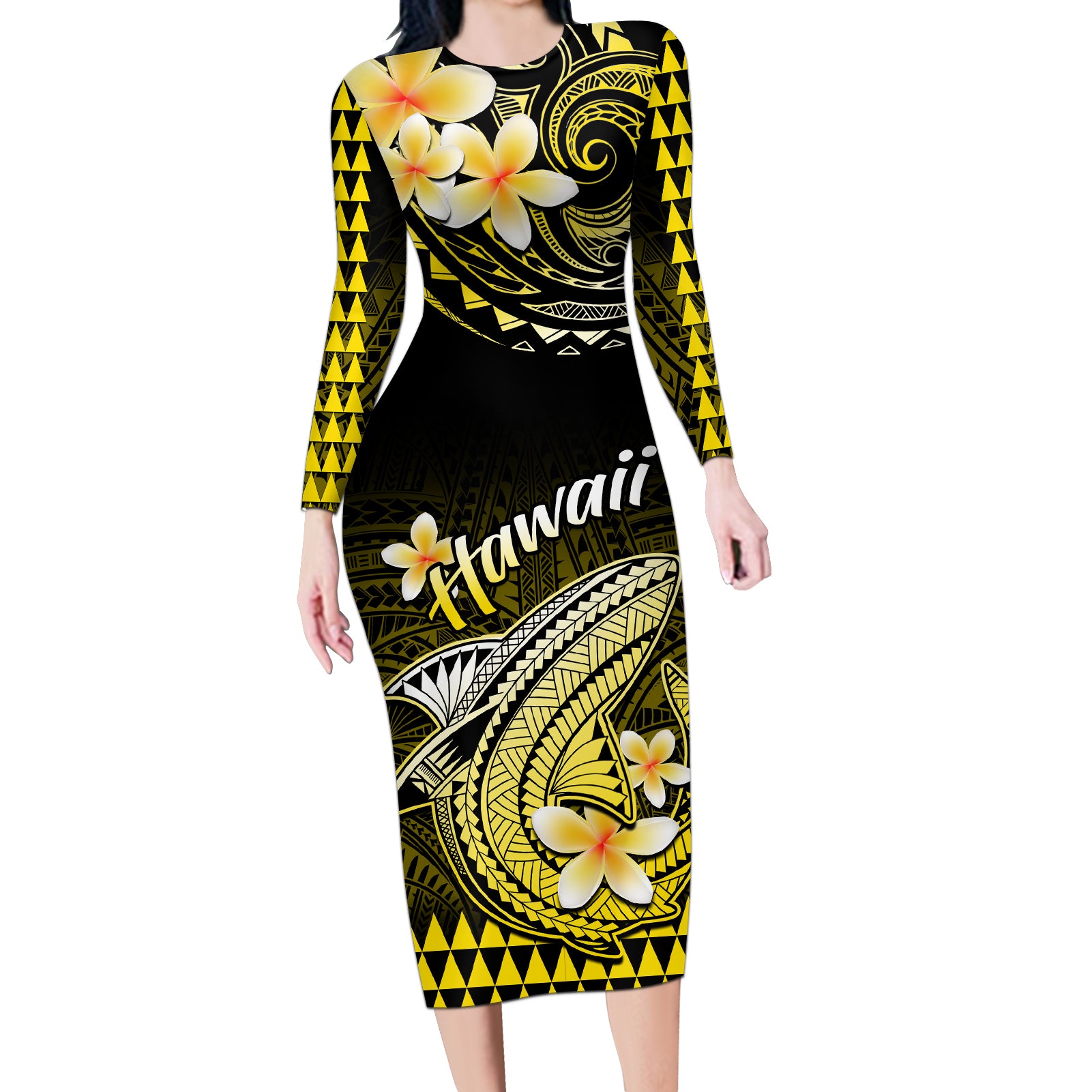 Hawaii Long Sleeve Bodycon Dress Polynesian Shark with Kakau Yellow Version LT01 Long Dress Yellow - Polynesian Pride