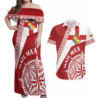 Custom Tonga Rugby Mate Maa Couples Matching Off Shoulder Maxi Dress and Hawaiian Shirt Ngatu Pattern LT01 Red - Polynesian Pride