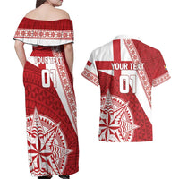 Custom Tonga Rugby Mate Maa Couples Matching Off Shoulder Maxi Dress and Hawaiian Shirt Ngatu Pattern LT01 - Polynesian Pride