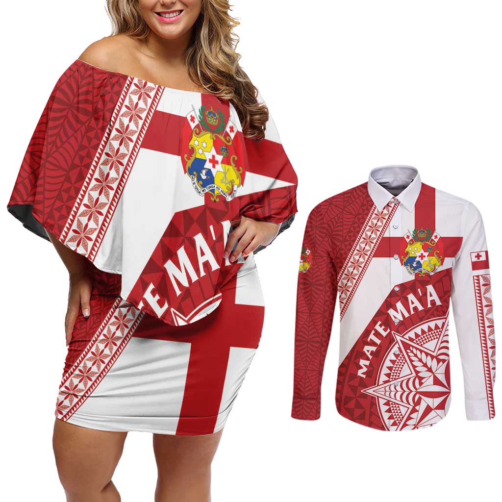 Custom Tonga Rugby Mate Maa Couples Matching Off Shoulder Short Dress and Long Sleeve Button Shirt Ngatu Pattern