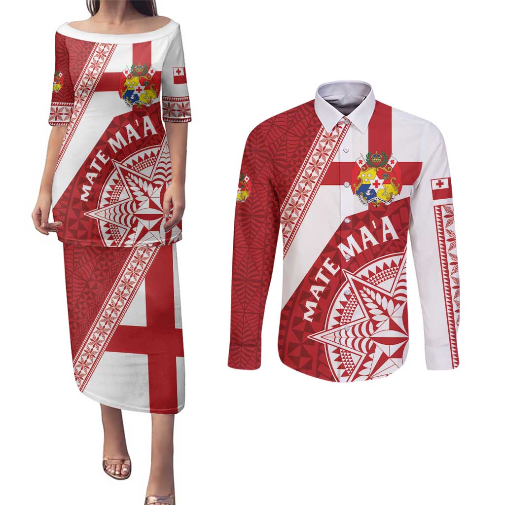Custom Tonga Rugby Mate Maa Couples Matching Puletasi and Long Sleeve Button Shirt Ngatu Pattern LT01 Red - Polynesian Pride