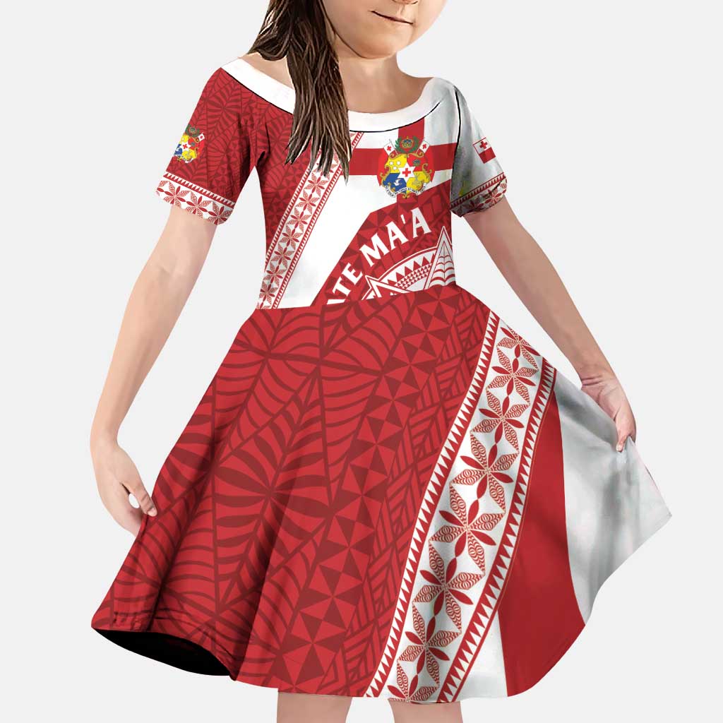 Custom Tonga Rugby Mate Maa Family Matching Puletasi and Hawaiian Shirt Ngatu Pattern LT01 Daughter's Dress Red - Polynesian Pride