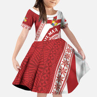 Custom Tonga Rugby Mate Maa Family Matching Puletasi and Hawaiian Shirt Ngatu Pattern LT01 Daughter's Dress Red - Polynesian Pride