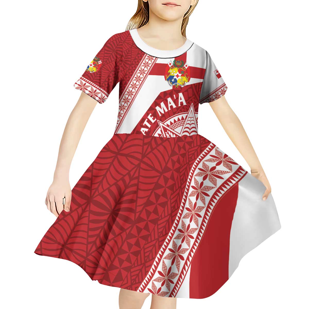 Custom Tonga Rugby Mate Maa Kid Short Sleeve Dress Ngatu Pattern