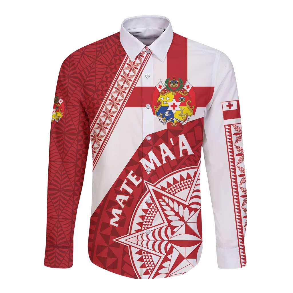 Custom Tonga Rugby Mate Maa Long Sleeve Button Shirt Ngatu Pattern LT01 Unisex Red - Polynesian Pride