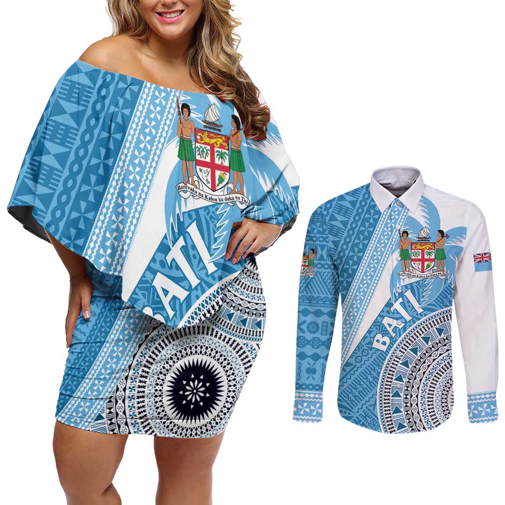 Custom Fiji Rugby Bati Couples Matching Off Shoulder Short Dress and Long Sleeve Button Shirt Tapa Pattern