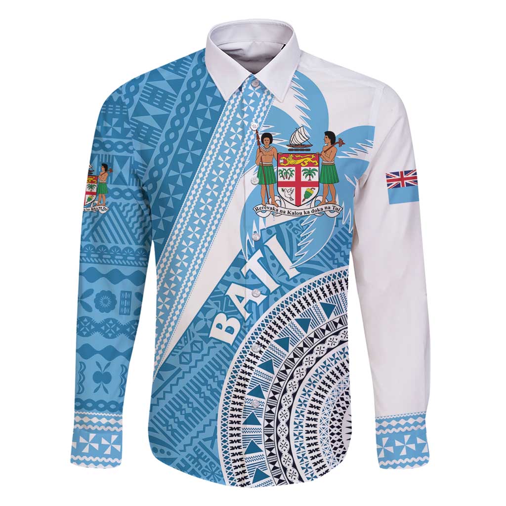 Custom Fiji Rugby Bati Family Matching Off Shoulder Short Dress and Hawaiian Shirt Tapa Pattern LT01 Dad's Shirt - Long Sleeve Blue - Polynesian Pride