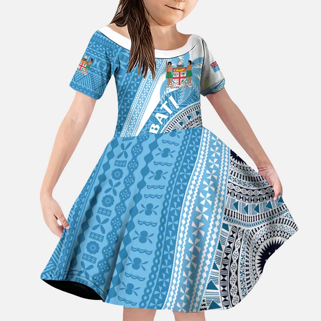 Custom Fiji Rugby Bati Family Matching Puletasi and Hawaiian Shirt Tapa Pattern LT01 Daughter's Dress Blue - Polynesian Pride