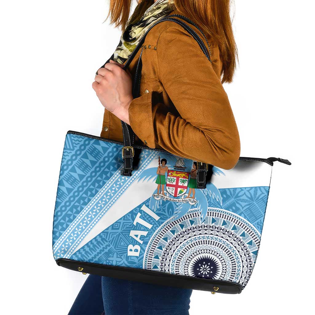 Fiji Rugby Bati Leather Tote Bag Tapa Pattern LT01 Blue - Polynesian Pride