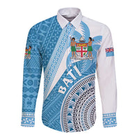 Custom Fiji Rugby Bati Long Sleeve Button Shirt Tapa Pattern LT01 Unisex Blue - Polynesian Pride