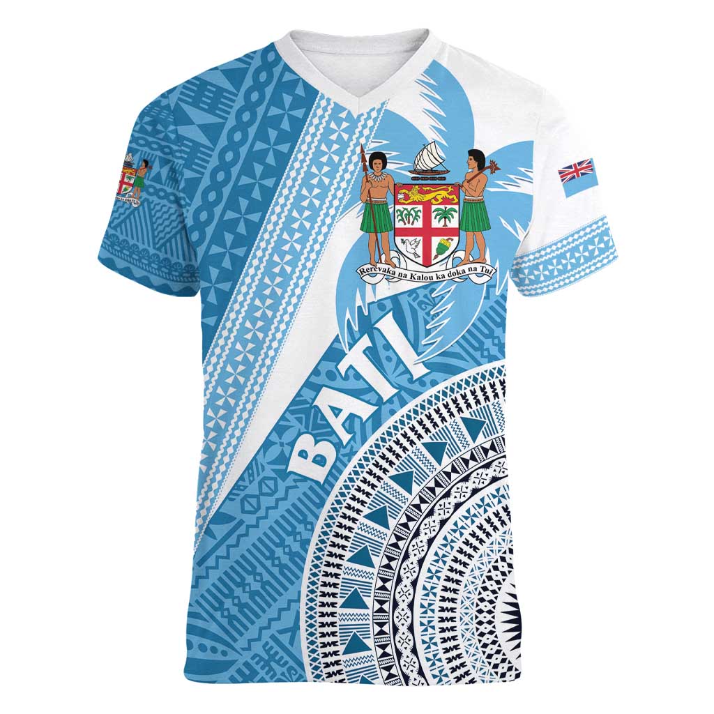 Custom Fiji Rugby Bati Women V-Neck T-Shirt Tapa Pattern