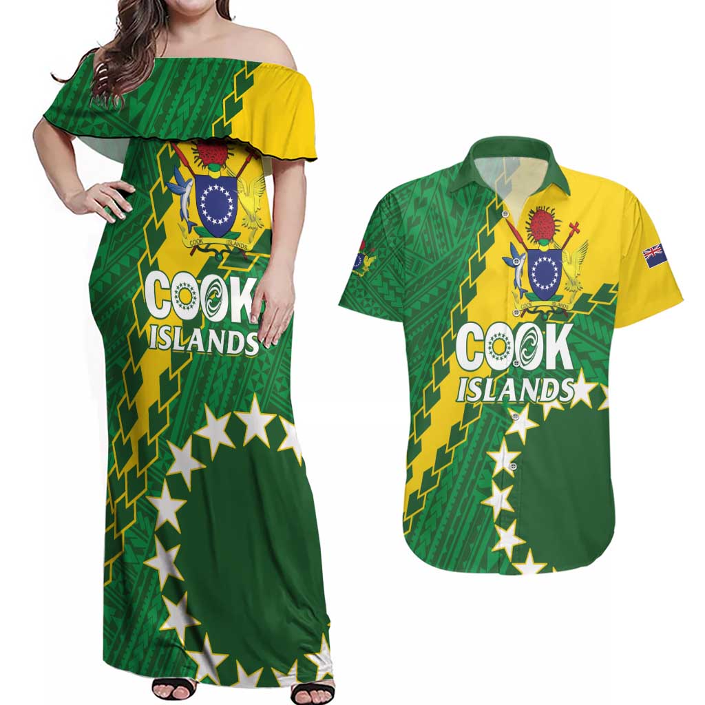 Custom Cook Islands Rugby Kukis Couples Matching Off Shoulder Maxi Dress and Hawaiian Shirt Circle Stars LT01 Green - Polynesian Pride