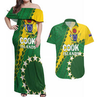 Custom Cook Islands Rugby Kukis Couples Matching Off Shoulder Maxi Dress and Hawaiian Shirt Circle Stars LT01 Green - Polynesian Pride
