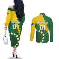 Custom Cook Islands Rugby Kukis Couples Matching Off The Shoulder Long Sleeve Dress and Long Sleeve Button Shirt Circle Stars