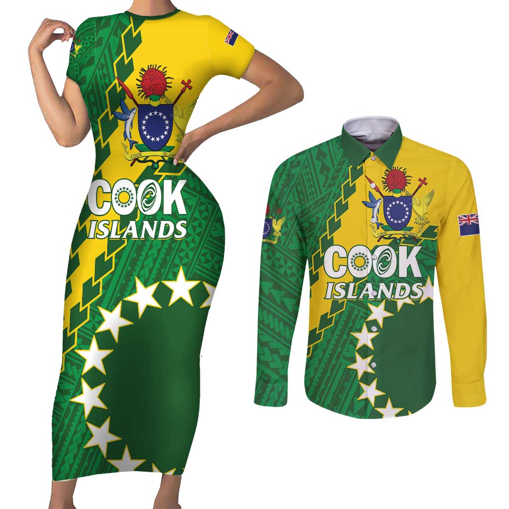 Custom Cook Islands Rugby Kukis Couples Matching Short Sleeve Bodycon Dress and Long Sleeve Button Shirt Circle Stars