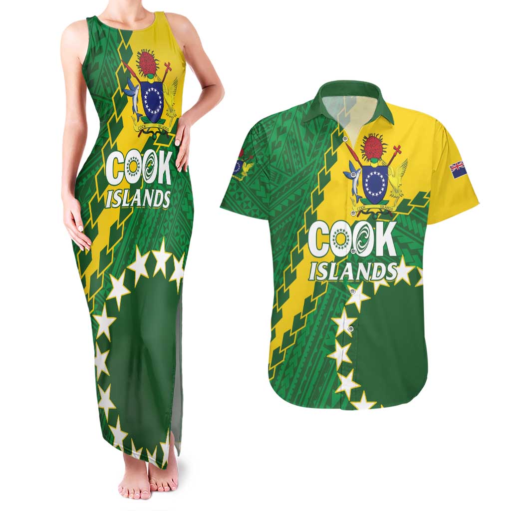 Custom Cook Islands Rugby Kukis Couples Matching Tank Maxi Dress and Hawaiian Shirt Circle Stars