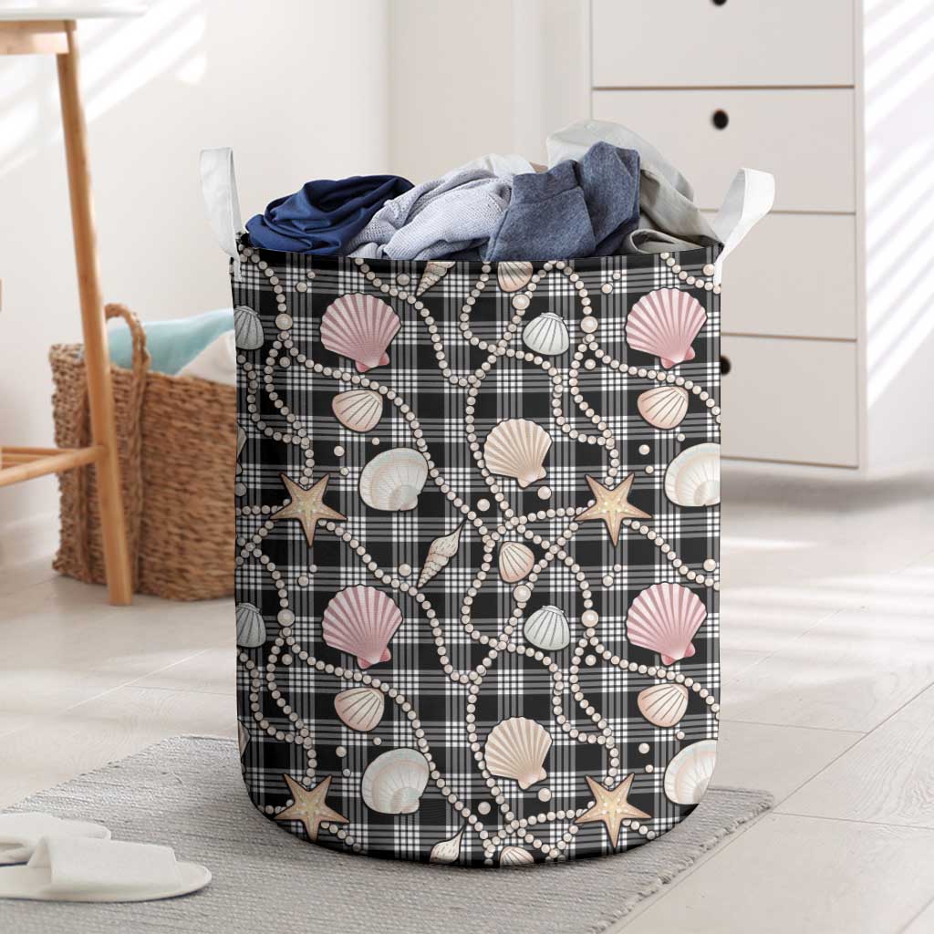 Hawaiian Ocean Seashells Laundry Basket Black Palaka Pattern
