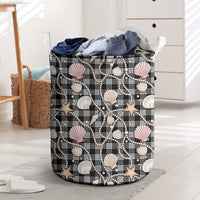 Hawaiian Ocean Seashells Laundry Basket Black Palaka Pattern