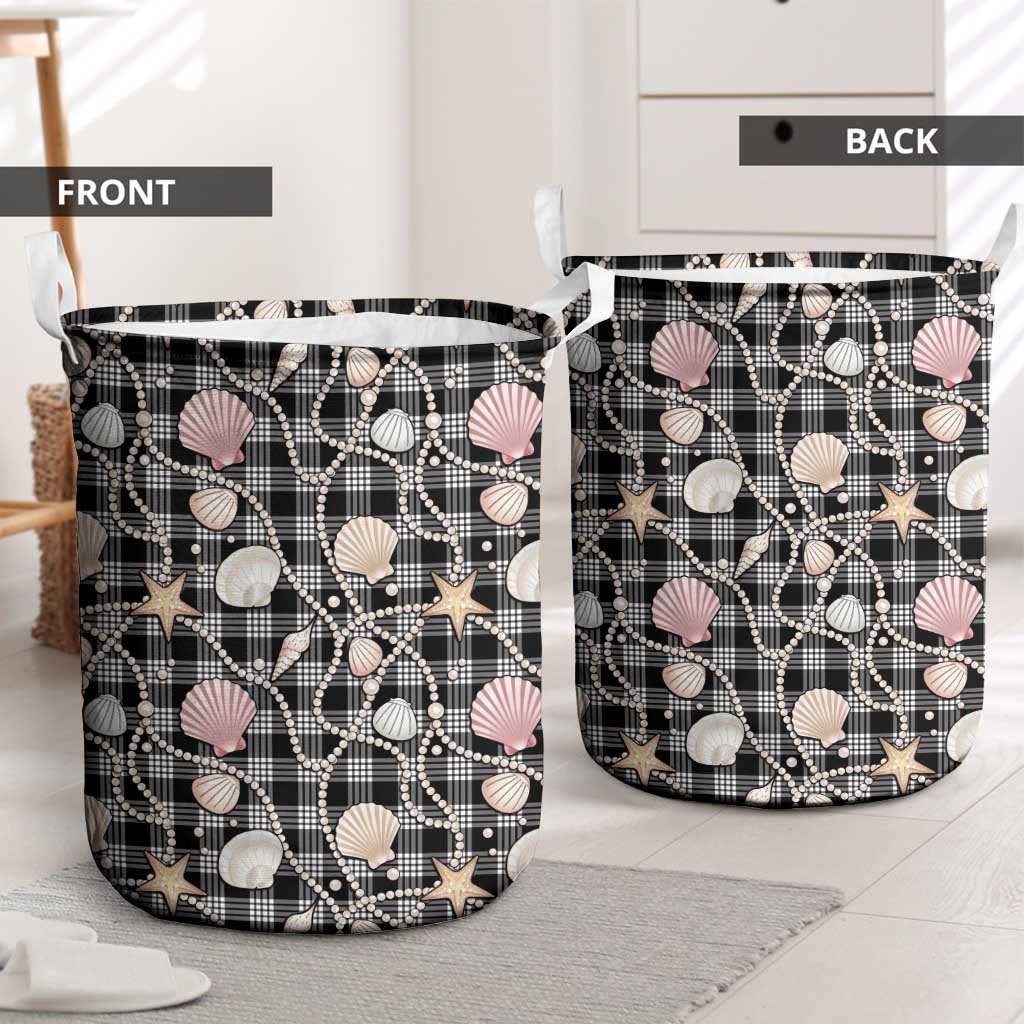 Hawaiian Ocean Seashells Laundry Basket Black Palaka Pattern