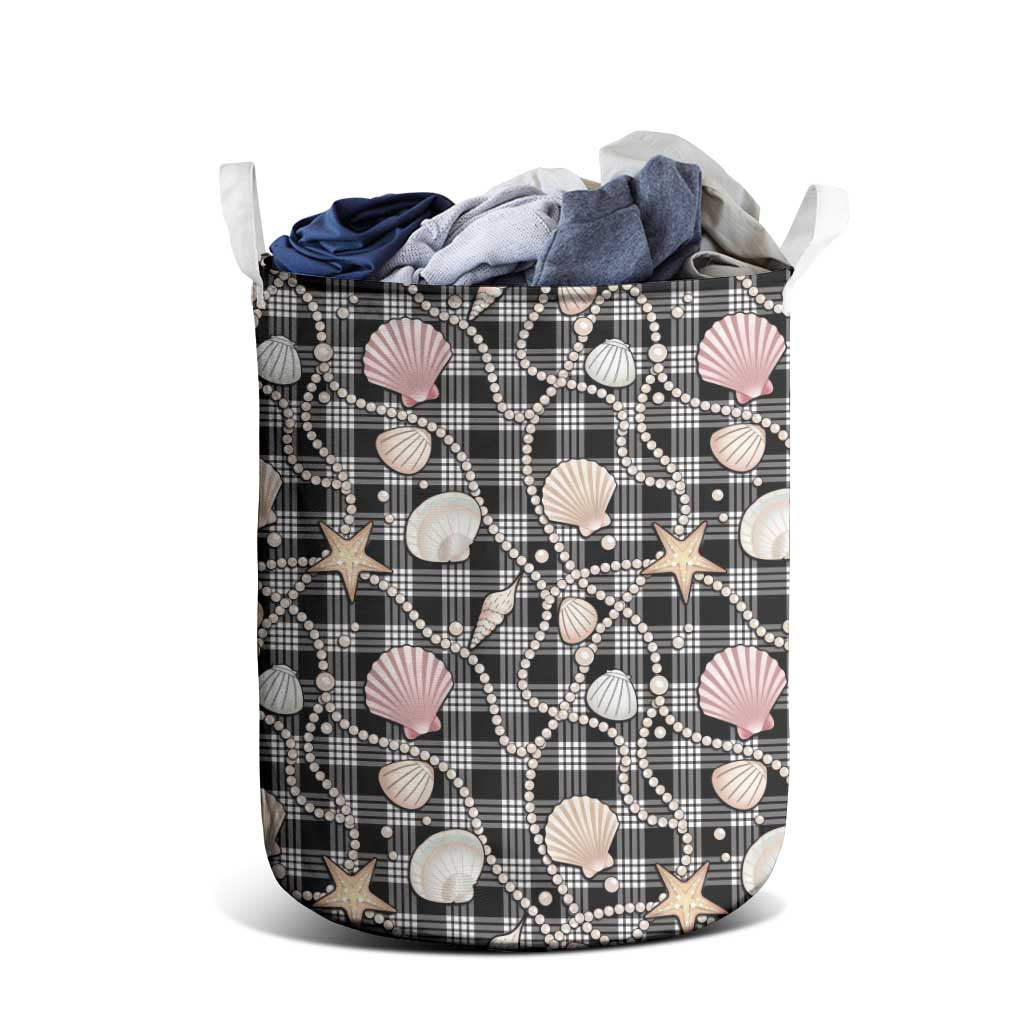 Hawaiian Ocean Seashells Laundry Basket Black Palaka Pattern