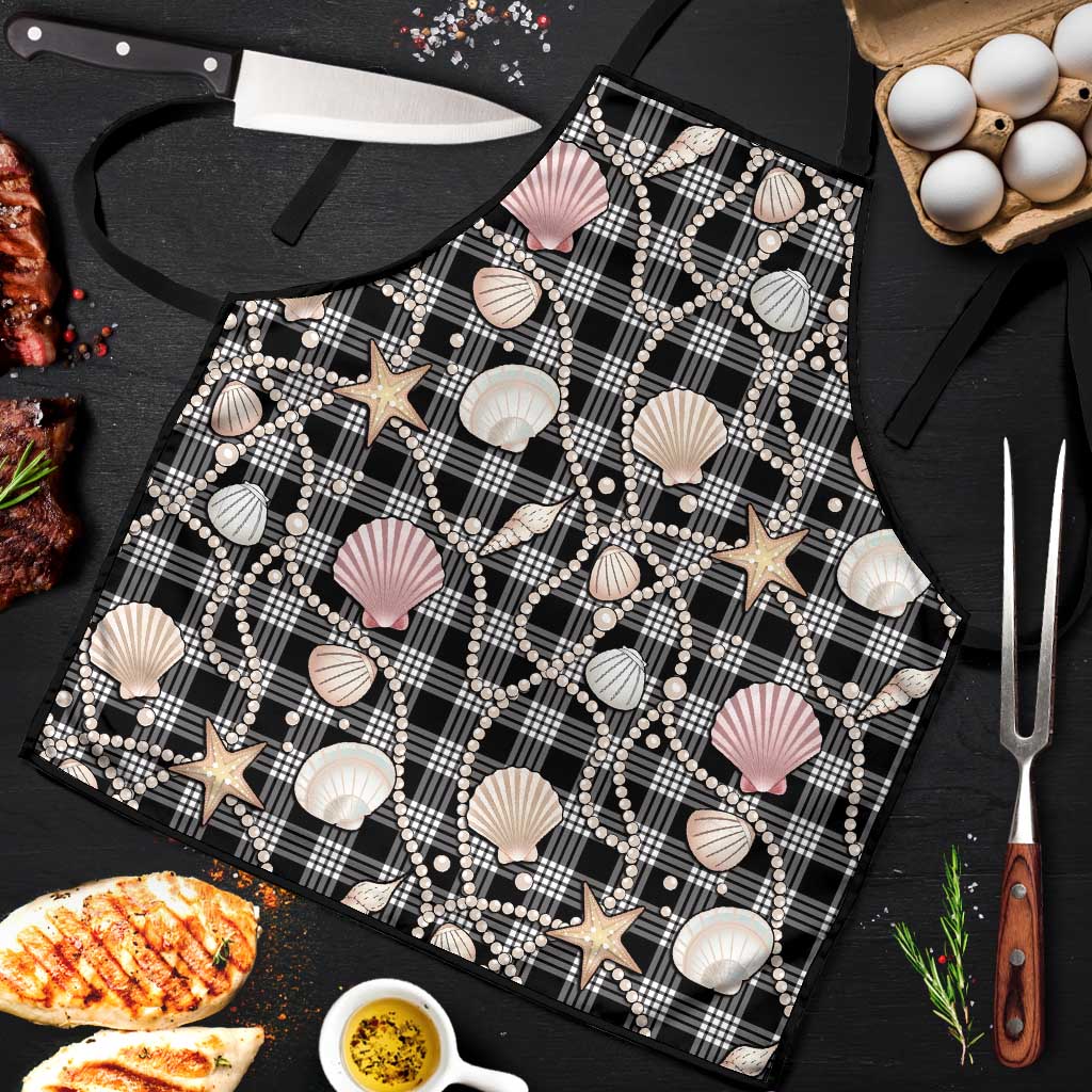 Hawaiian Ocean Seashells Apron Black Palaka Pattern