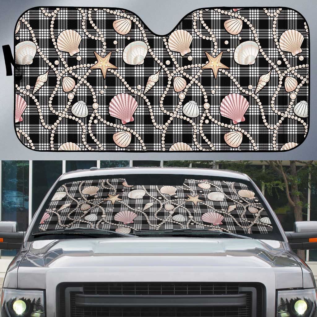 Hawaiian Ocean Seashells Auto Sun Shade Black Palaka Pattern
