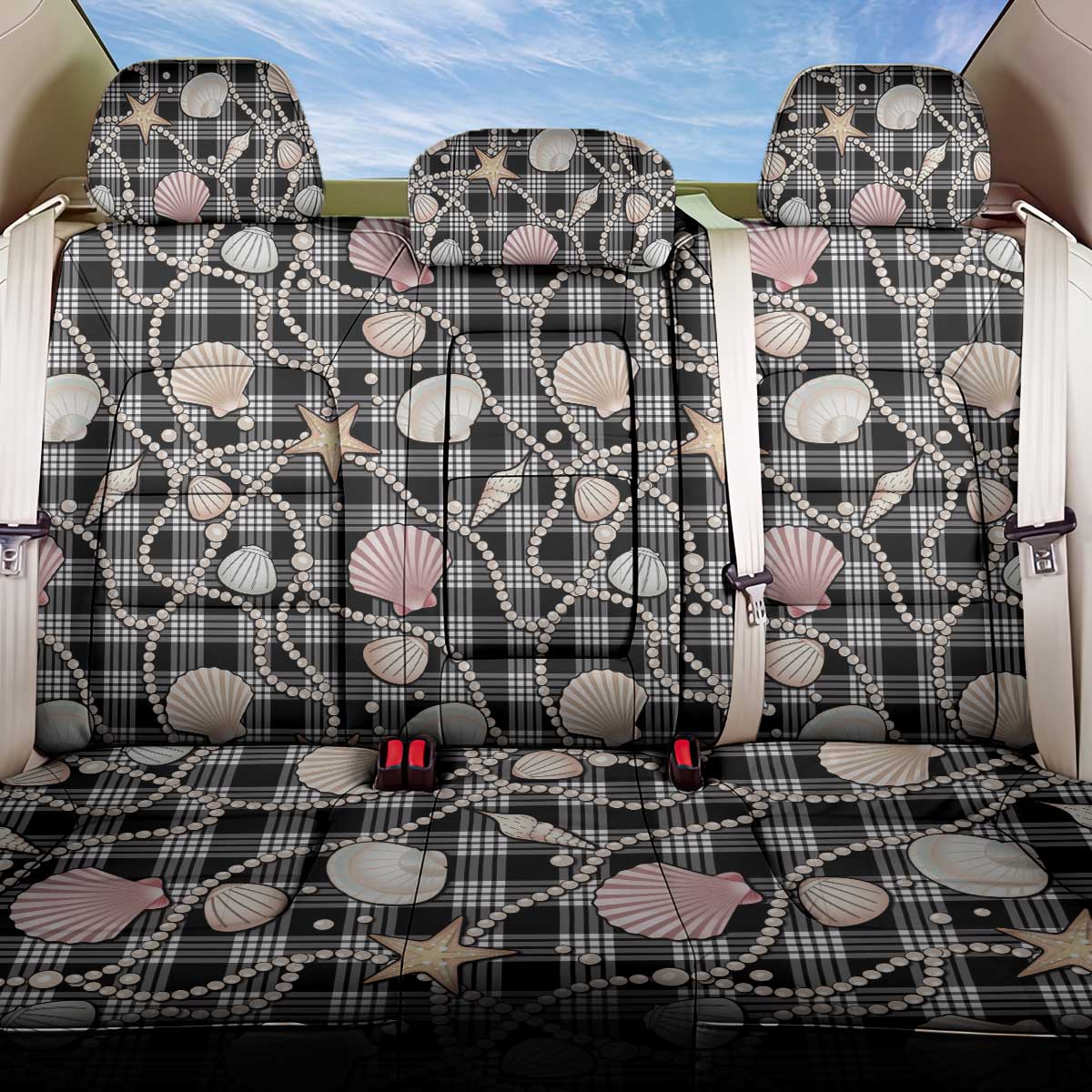 Hawaiian Ocean Seashells Back Car Seat Cover Black Palaka Pattern LT01 One Size Black - Polynesian Pride