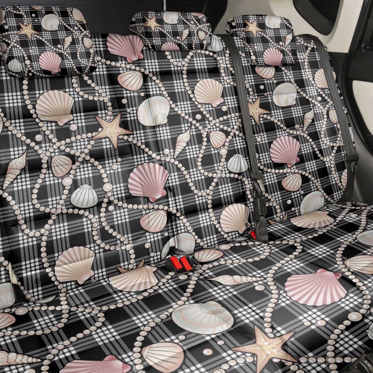 Hawaiian Ocean Seashells Back Car Seat Cover Black Palaka Pattern LT01 - Polynesian Pride