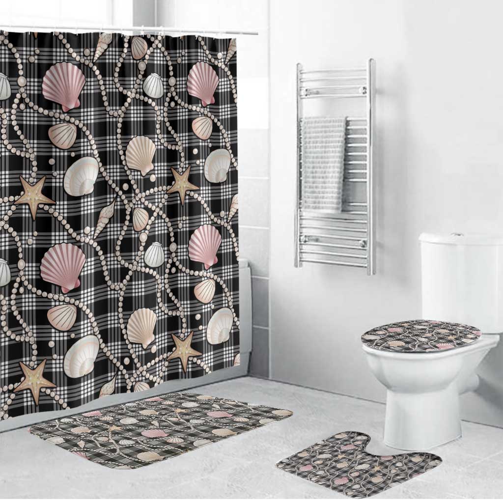 Hawaiian Ocean Seashells Bathroom Set Black Palaka Pattern