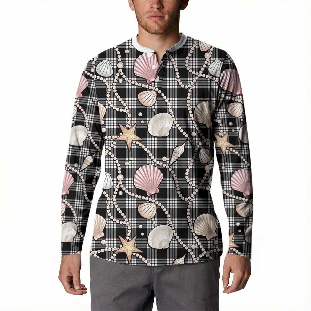 Hawaiian Ocean Seashells Button Sweatshirt Black Palaka Pattern